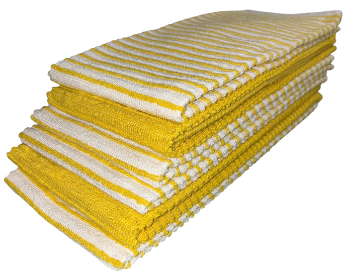 Six Pack, Horizontal Stripes, Four Stripes, and Two Plain Terry Kitchen Towels. Highly Absorbent, Maximum Softness and Machine Washable. Size: 16 x 26 inches.