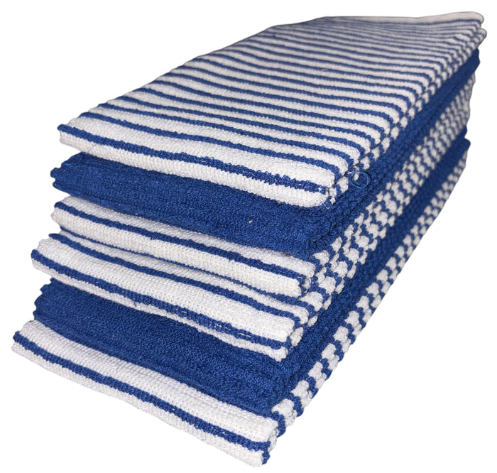 Six Pack, Horizontal Stripes, Four Stripes, and Two Plain Terry Kitchen Towels. Highly Absorbent, Maximum Softness and Machine Washable. Size: 16 x 26 inches.