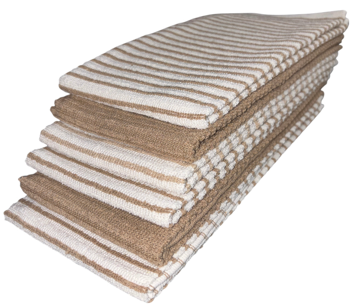Six Pack, Horizontal Stripes, Four Stripes, and Two Plain Terry Kitchen Towels. Highly Absorbent, Maximum Softness and Machine Washable. Size: 16 x 26 inches.