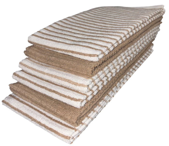 Six Pack, Horizontal Stripes, Four Stripes, and Two Plain Terry Kitchen Towels. Highly Absorbent, Maximum Softness and Machine Washable. Size: 16 x 26 inches.