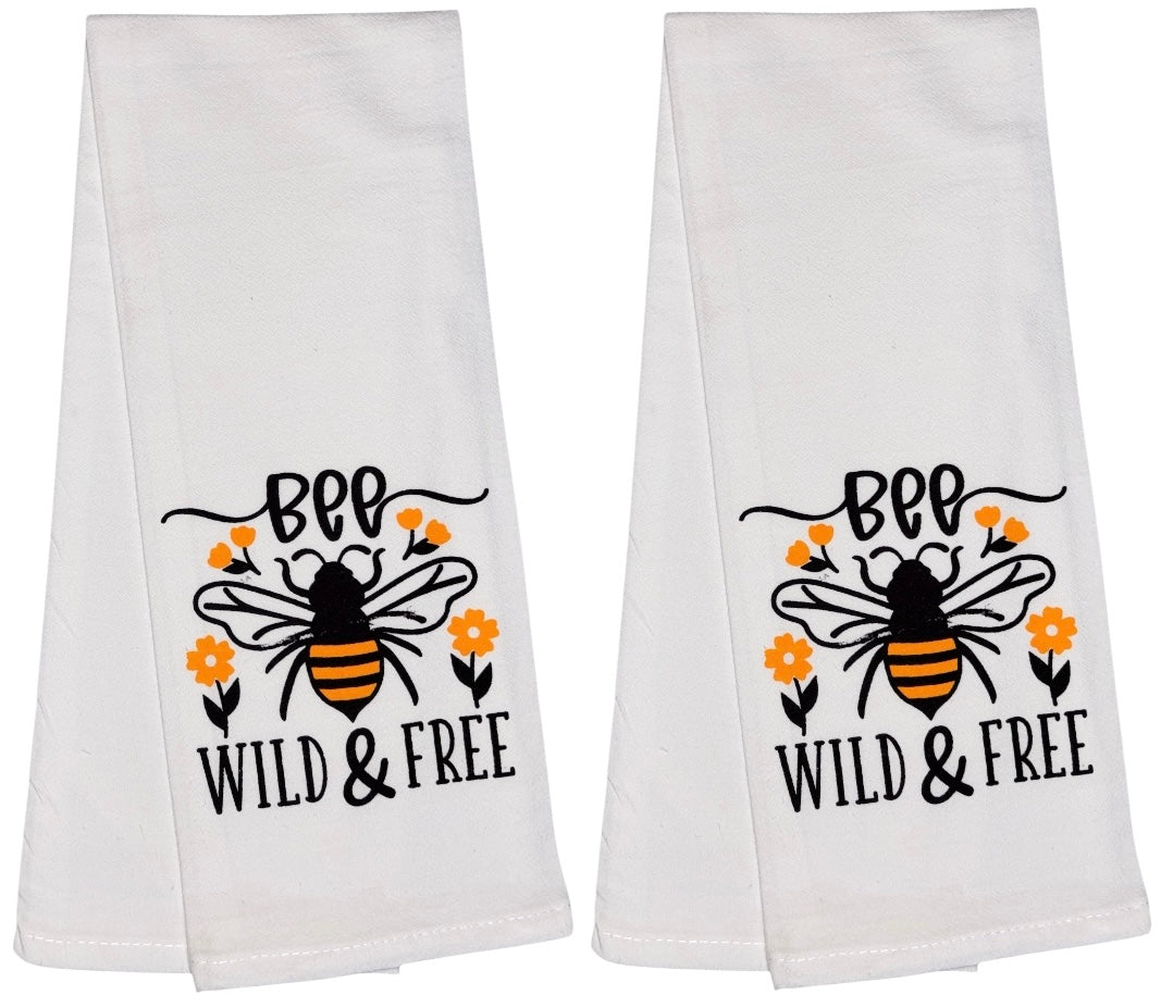 BEE Wild & Free. Two Pcs Funny Flour Sack Kitchen Towels Soft and Absorbent Size: 16 X 28 Inches.