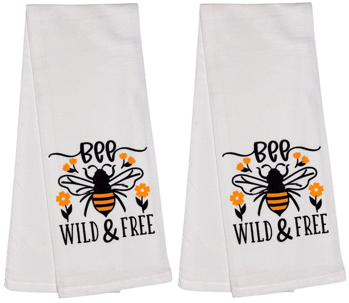 BEE Wild & Free. Two Pcs Funny Flour Sack Kitchen Towels Soft and Absorbent Size: 16 X 28 Inches.