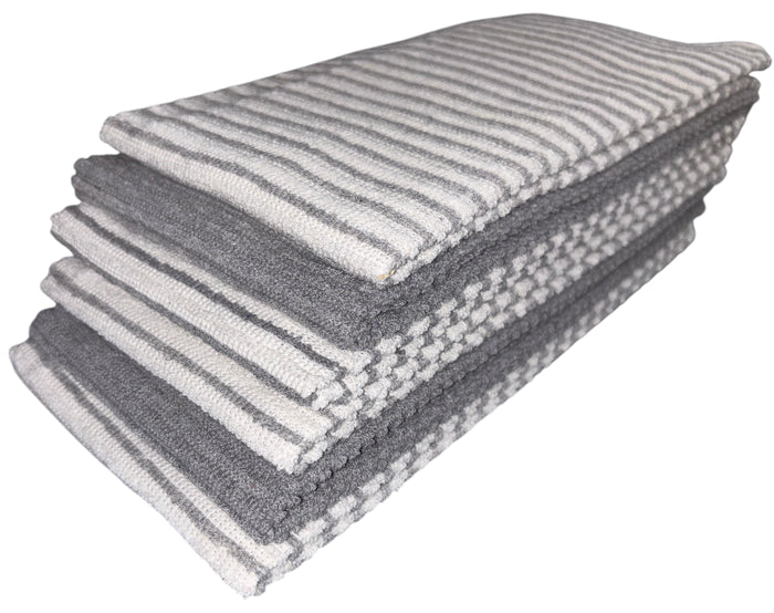 Six Pack, Horizontal Stripes, Four Stripes, and Two Plain Terry Kitchen Towels. Highly Absorbent, Maximum Softness and Machine Washable. Size: 16 x 26 inches.