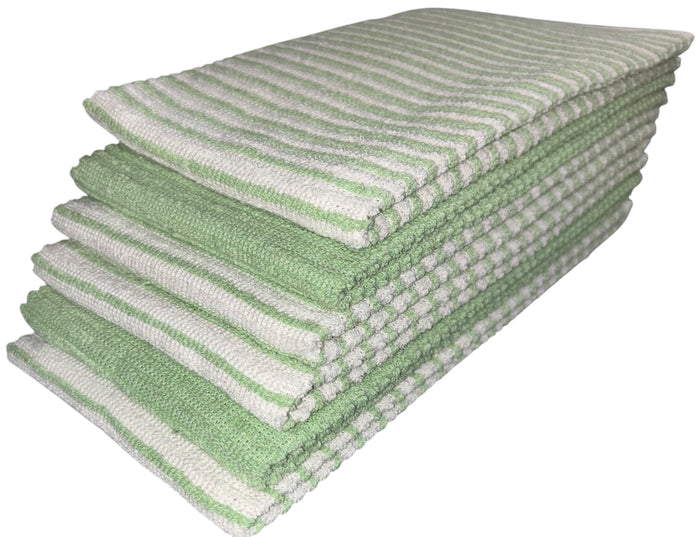 Six Pack, Horizontal Stripes, Four Stripes, and Two Plain Terry Kitchen Towels. Highly Absorbent, Maximum Softness and Machine Washable. Size: 16 x 26 inches.