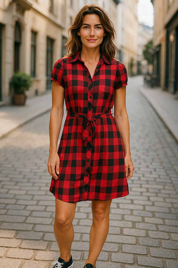 Women Summer Dress Gingham Plaid Short-sleeved dress and matching belt with button.