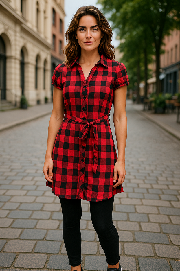 Women Summer Dress Gingham Plaid Short-sleeved dress and matching belt with button.