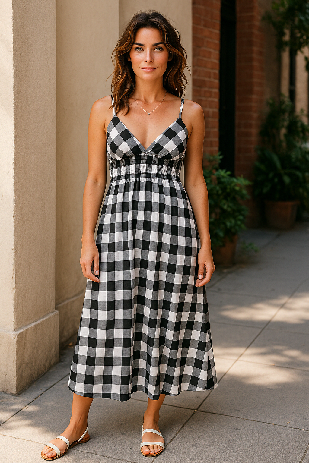 Women Summer Dress Gingham Plaid Spaghetti Strap Padded Bra Thin Stripes Long Maxi