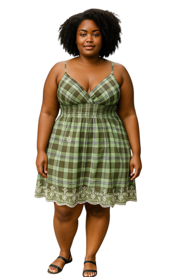 Women Summer Dress Gingham Plaid Spaghetti Strap Padded Bra Thin Stripes Mini Dress