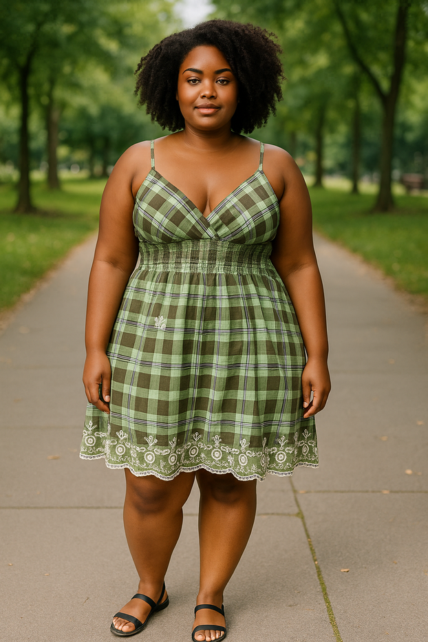 Women Summer Dress Gingham Plaid Spaghetti Strap Padded Bra Thin Stripes Mini Dress