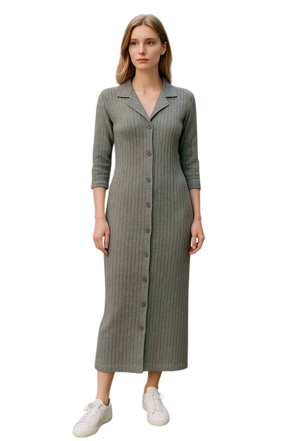 Women Long Sleeves Button Front Knitted Sweater Maxi Dress With Two Side Pocket.