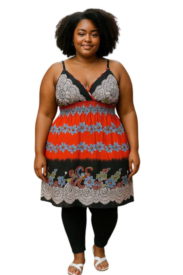 Women Summer Dress Floral Design Spaghetti Strap Padded Bra Thin Stripes Mini Dress