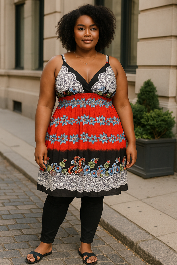 Women Summer Dress Floral Design Spaghetti Strap Padded Bra Thin Stripes Mini Dress