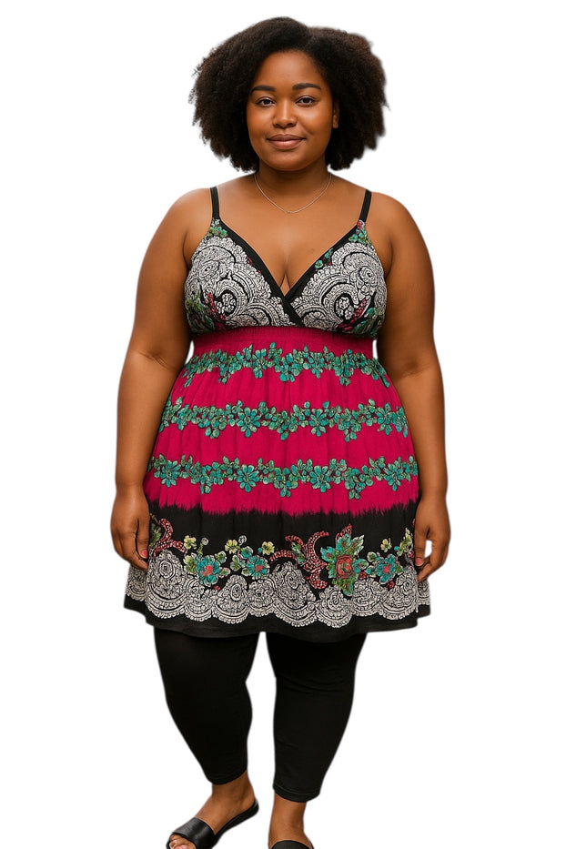 Women Summer Dress Floral Design Spaghetti Strap Padded Bra Thin Stripes Mini Dress