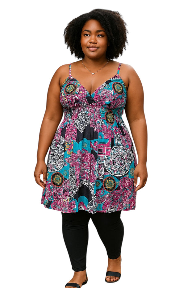 Women Summer Dress Floral Design Spaghetti Strap Padded Bra Thin Stripes Mini Dress