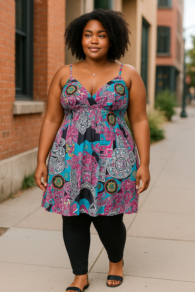 Women Summer Dress Floral Design Spaghetti Strap Padded Bra Thin Stripes Mini Dress