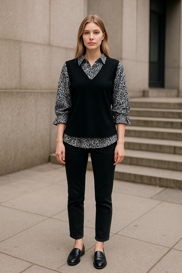 Grey and Black wearing a layered outfit, v-neck sweater vest over a patterned collared shirt.