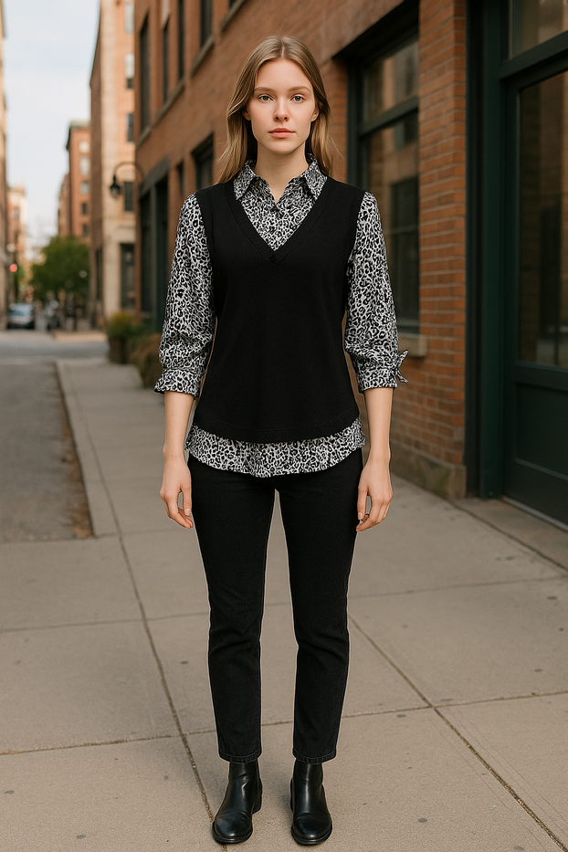 Grey and Black wearing a layered outfit, v-neck sweater vest over a patterned collared shirt.