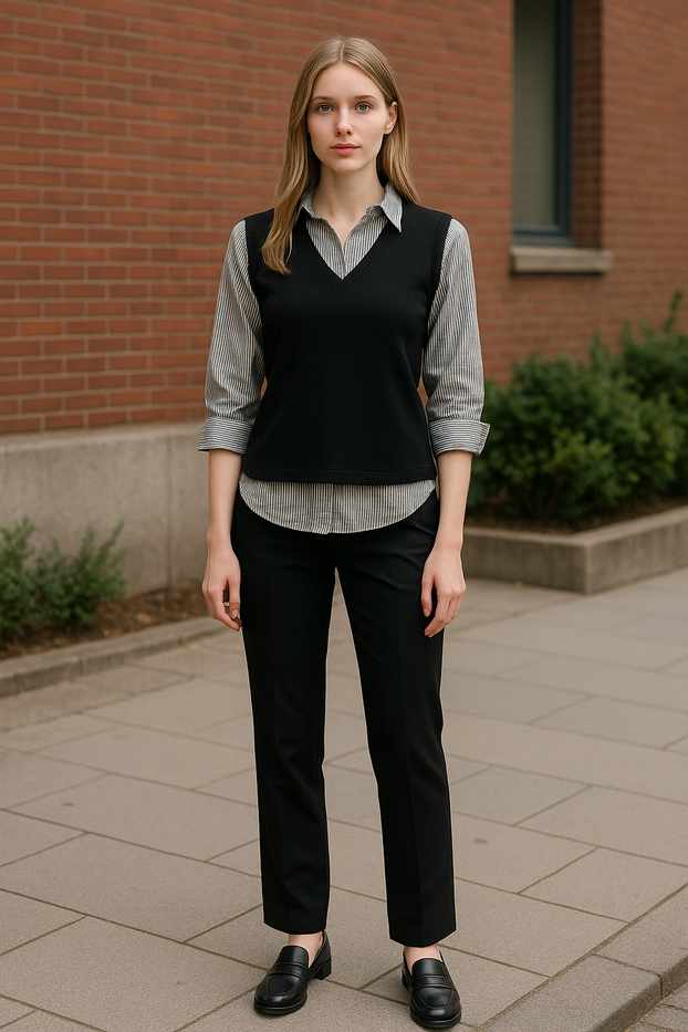 Grey and Black wearing a layered outfit, v-neck sweater vest over a patterned collared shirt.