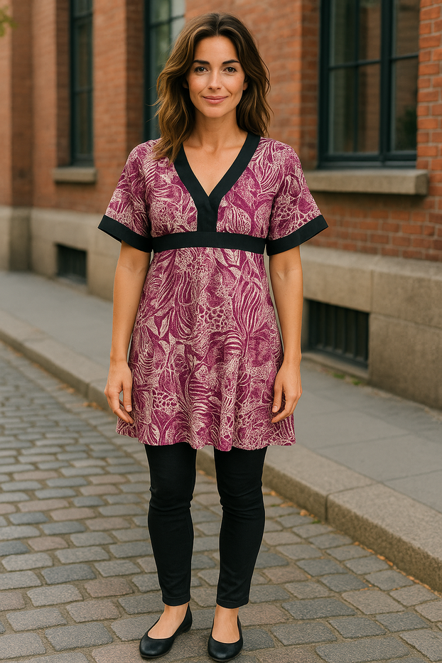Women Summer Short-sleeve tunic magenta and cream Animal Print Design, V-neck, with Black Belt tie back.