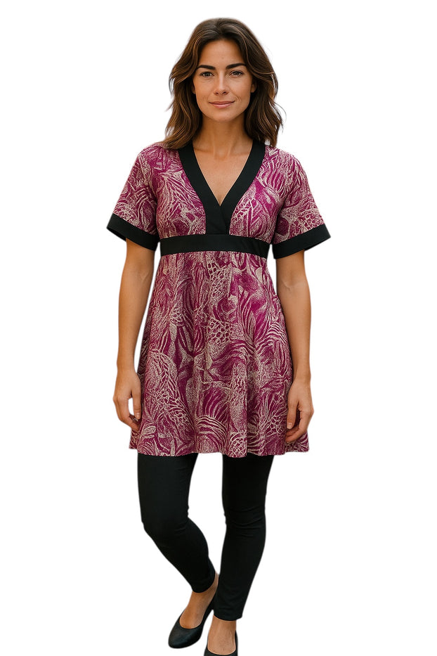Women Summer Short-sleeve tunic magenta and cream Animal Print Design, V-neck, with Black Belt tie back.