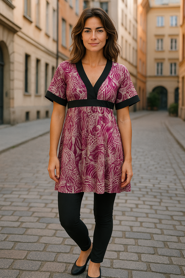Women Summer Short-sleeve tunic magenta and cream Animal Print Design, V-neck, with Black Belt tie back.