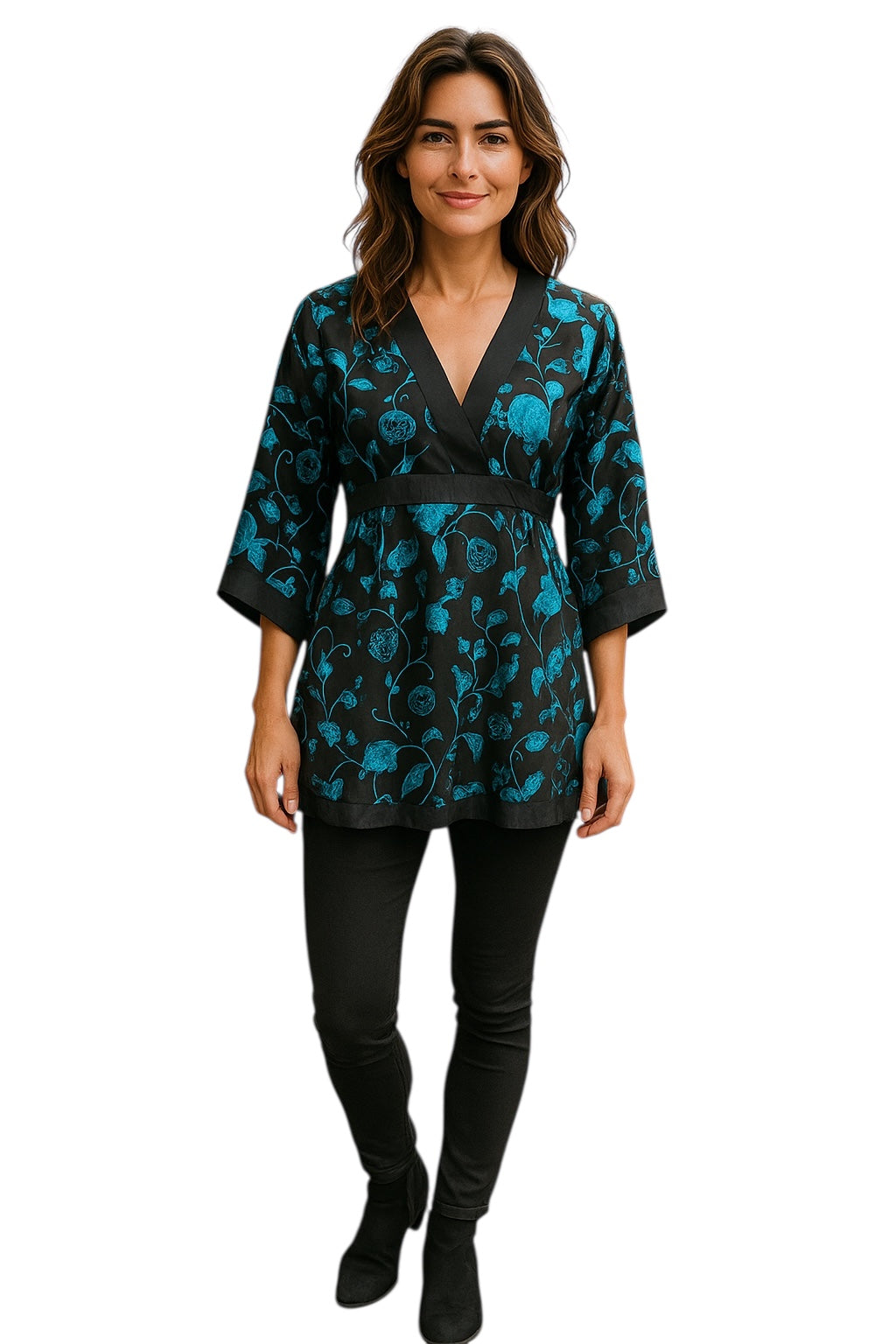 Women Summer 3/4 Sleeve tunic Black and Teal Floral Design, V-neck, with Black Belt tie back.