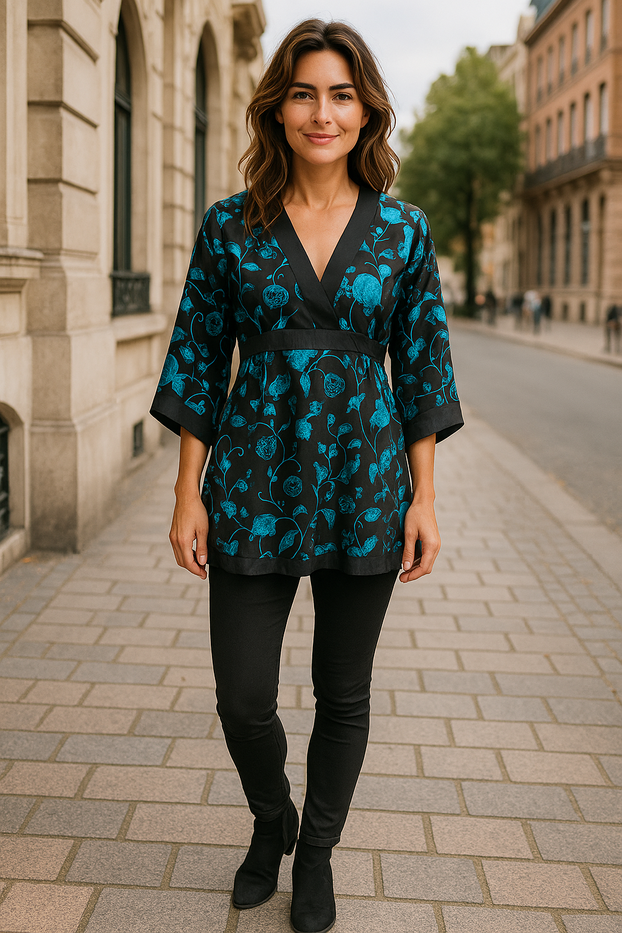 Women Summer 3/4 Sleeve tunic Black and Teal Floral Design, V-neck, with Black Belt tie back.