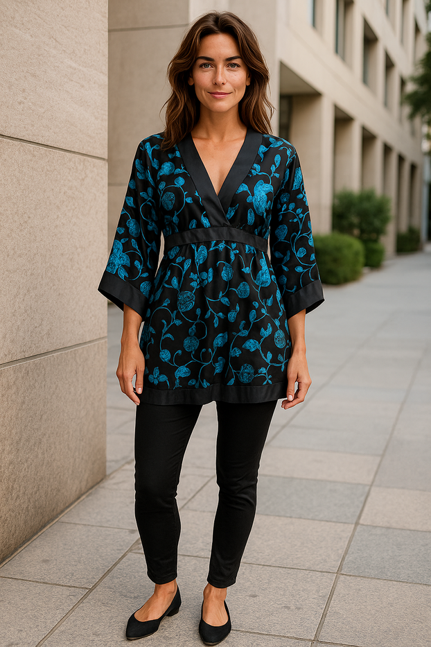 Women Summer 3/4 Sleeve tunic Black and Teal Floral Design, V-neck, with Black Belt tie back.