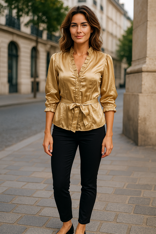 Women Summer 3/4 Sleeve tunic with ruffled edges and buttons down the front with Matching Belt.