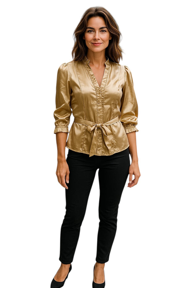 Women Summer 3/4 Sleeve tunic with ruffled edges and buttons down the front with Matching Belt.