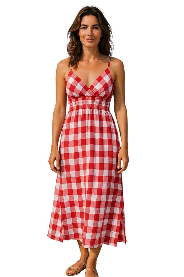 Women Summer Dress Gingham Plaid Spaghetti Strap Padded Bra Thin Stripes Long Maxi