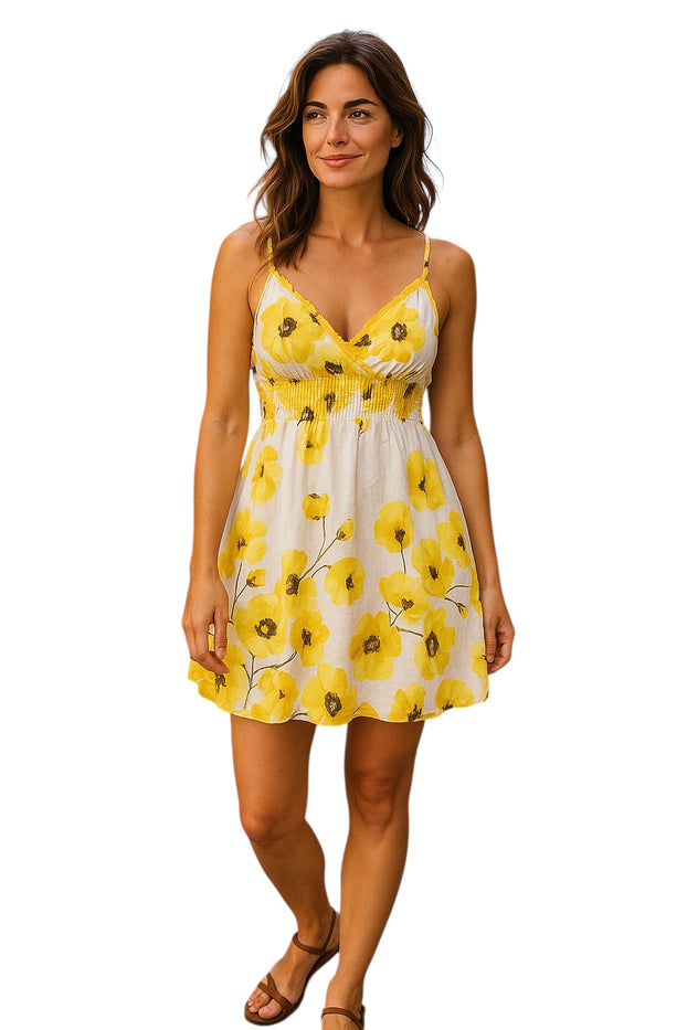 Women Summer Floral Design Sleeveless Spaghetti V-neck mini Dress Smocked waist and thin strapes.