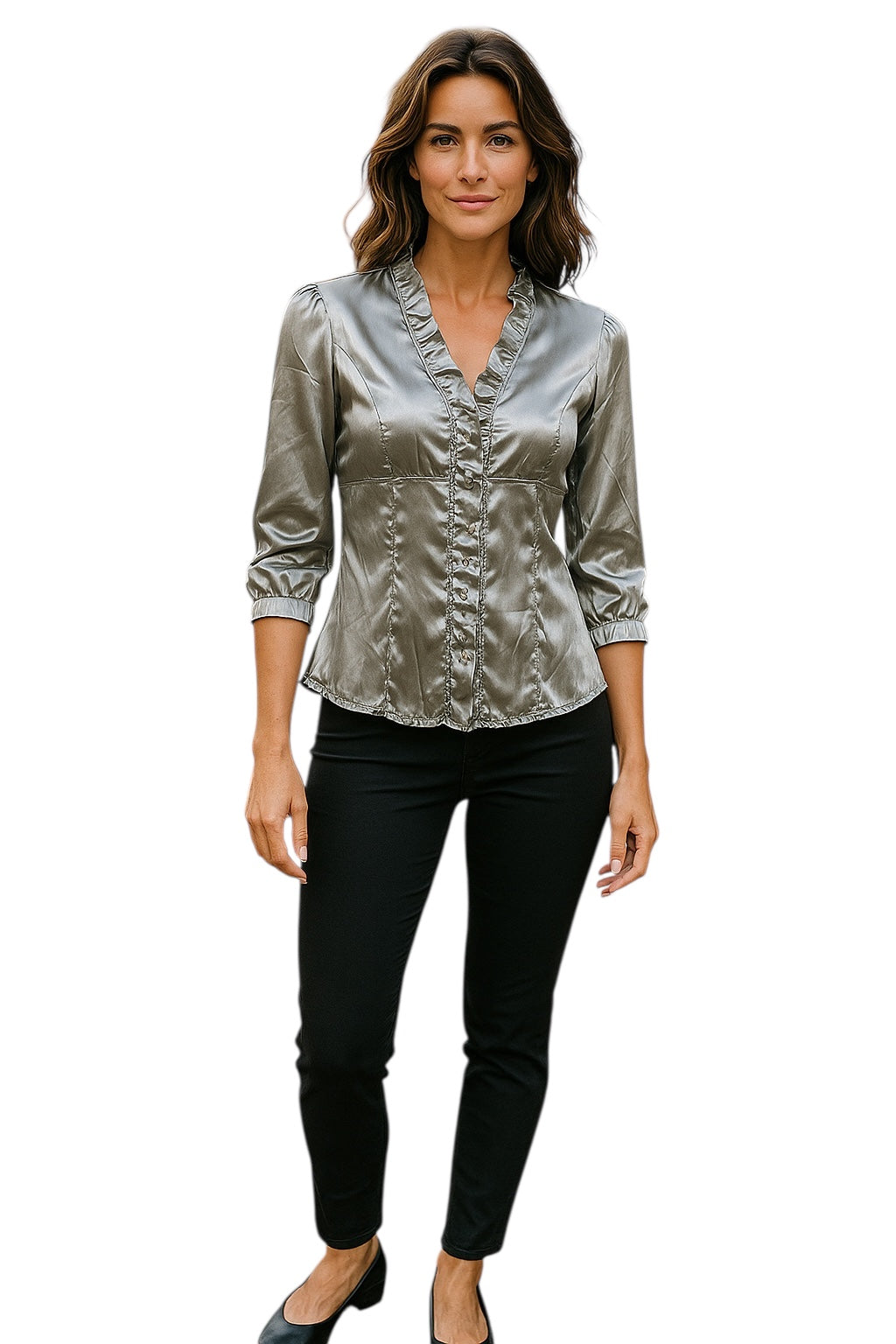 Women Summer 3/4 Sleeve tunic with ruffled edges and buttons down the front with Matching Belt.