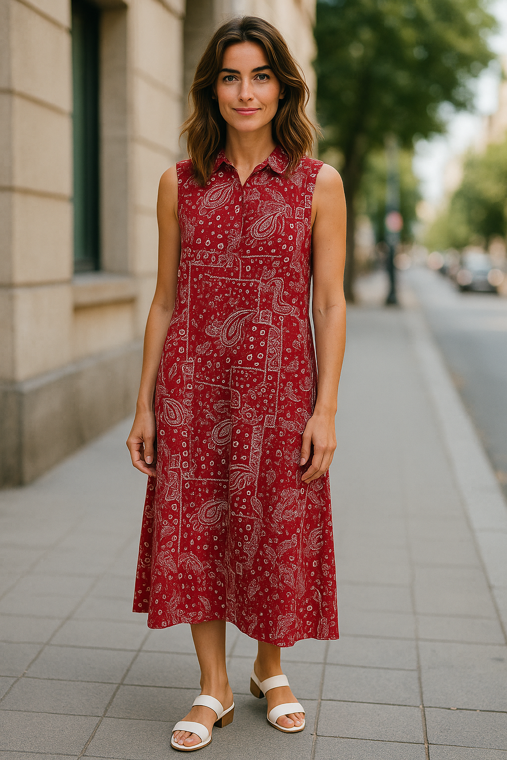 Red Paisley Pattern Sleeveless Neckline collared and relaxed fit maxi dress.