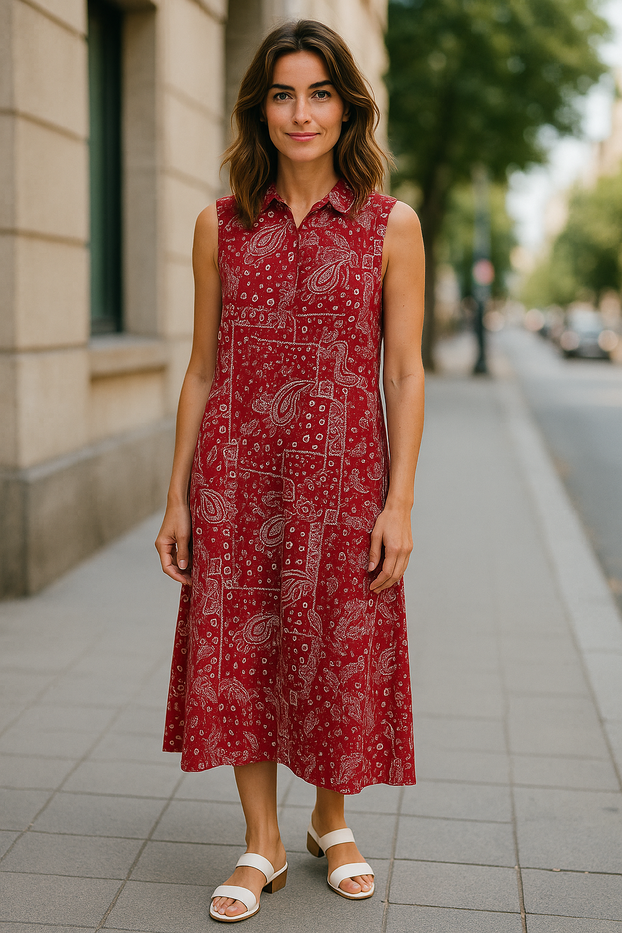 Red Paisley Pattern Sleeveless Neckline collared and relaxed fit maxi dress.