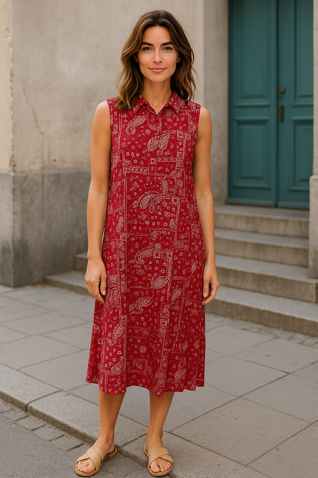 Red Paisley Pattern Sleeveless Neckline collared and relaxed fit maxi dress.