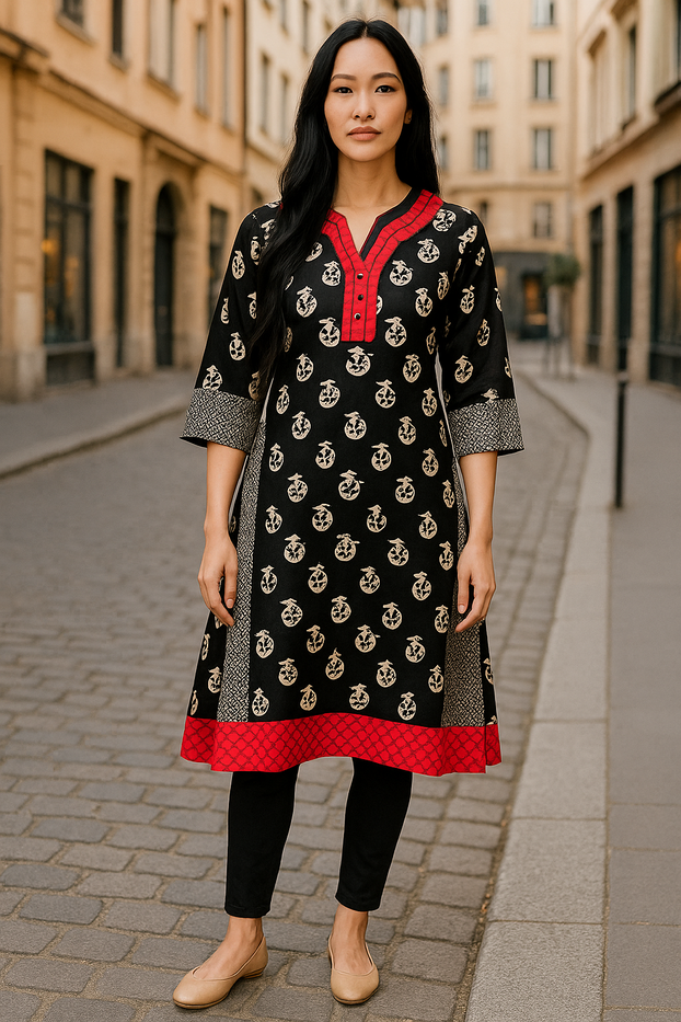 Women Black and White Mango Print with Colorful Trim V-neck, 3/4 Sleeves, Kurti, Kurta Tunic Top.