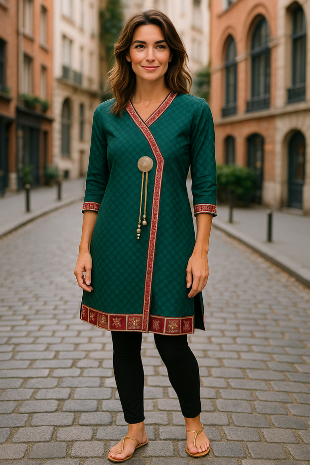 Women Dark Green Wrap Style Gold and Red Trim with Gold Button and hanging tassels V-neck, 3/4 Sleeves, Kurti, Kurta Tunic Top.