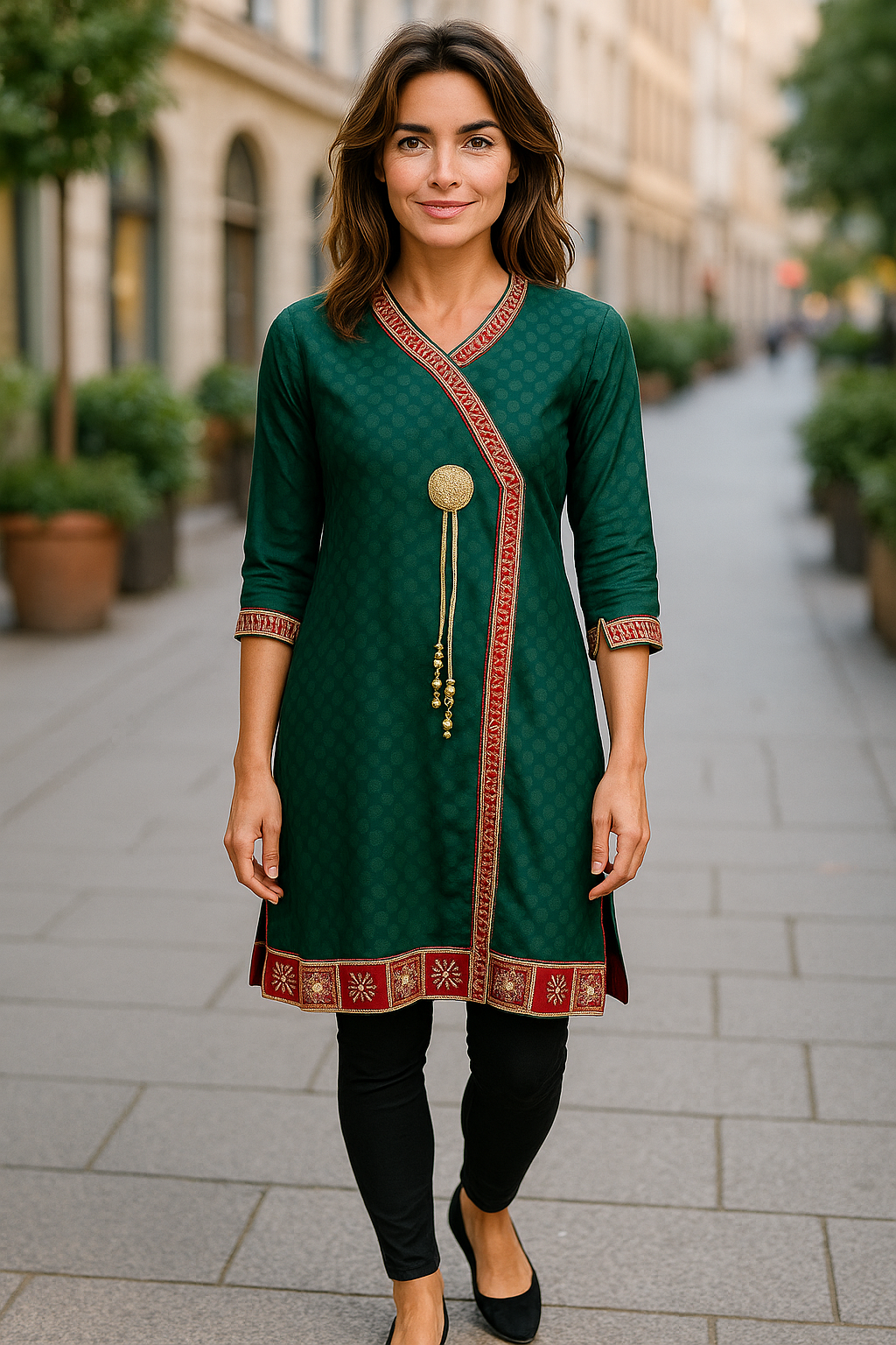 Women Dark Green Wrap Style Gold and Red Trim with Gold Button and hanging tassels V-neck, 3/4 Sleeves, Kurti, Kurta Tunic Top.