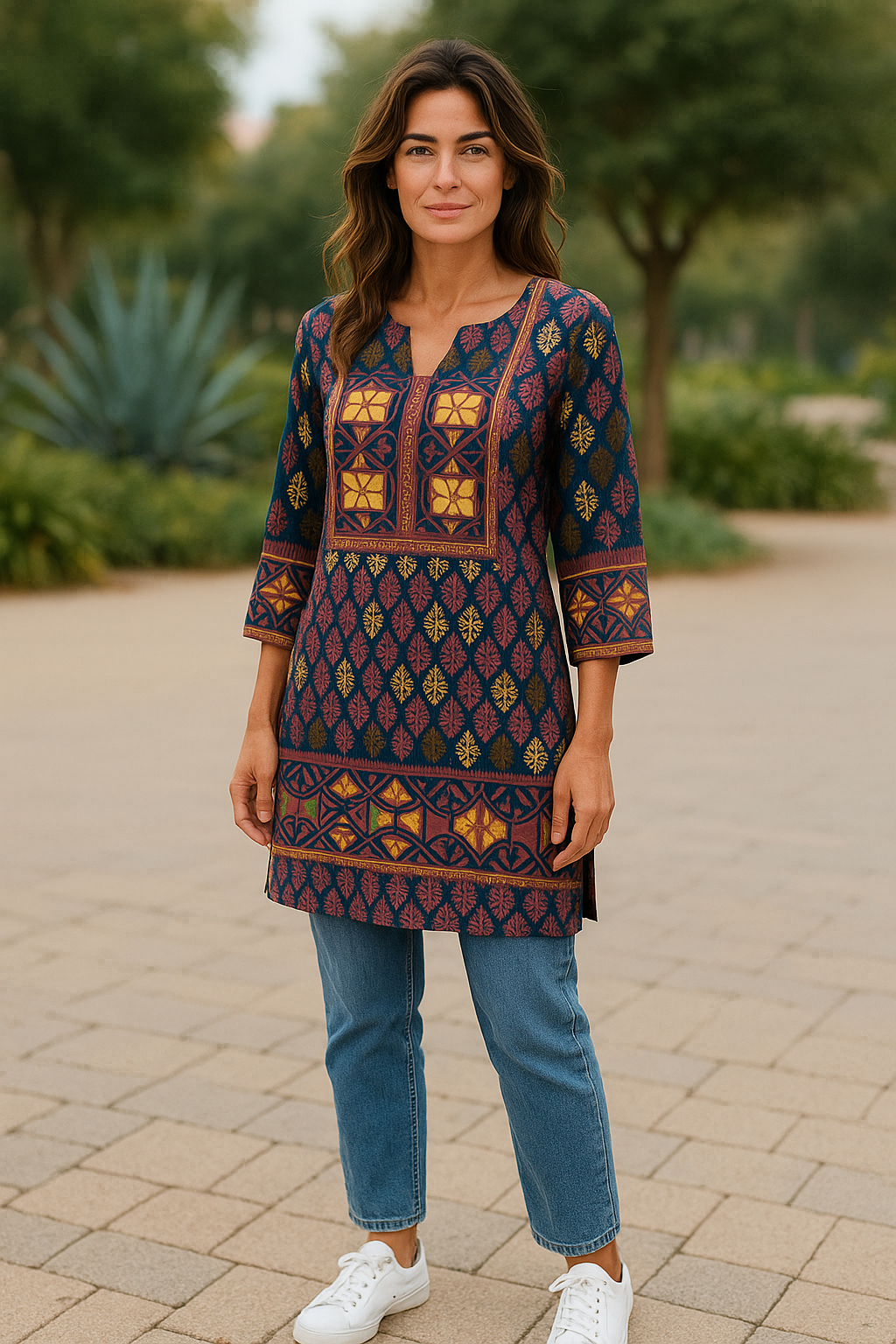 Tunic for Women Gold Foil Round Neck Printed Short Crape Kurti Kurta 3/4 Sleeves Tunic Top.