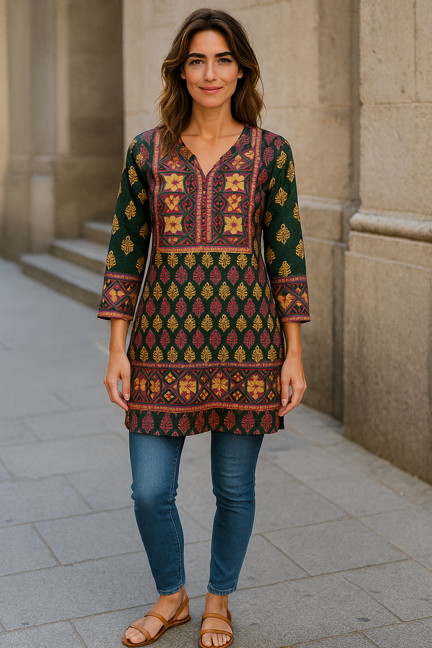 Tunic for Women Gold Foil Round Neck Printed Short Crape Kurti Kurta 3/4 Sleeves Tunic Top.