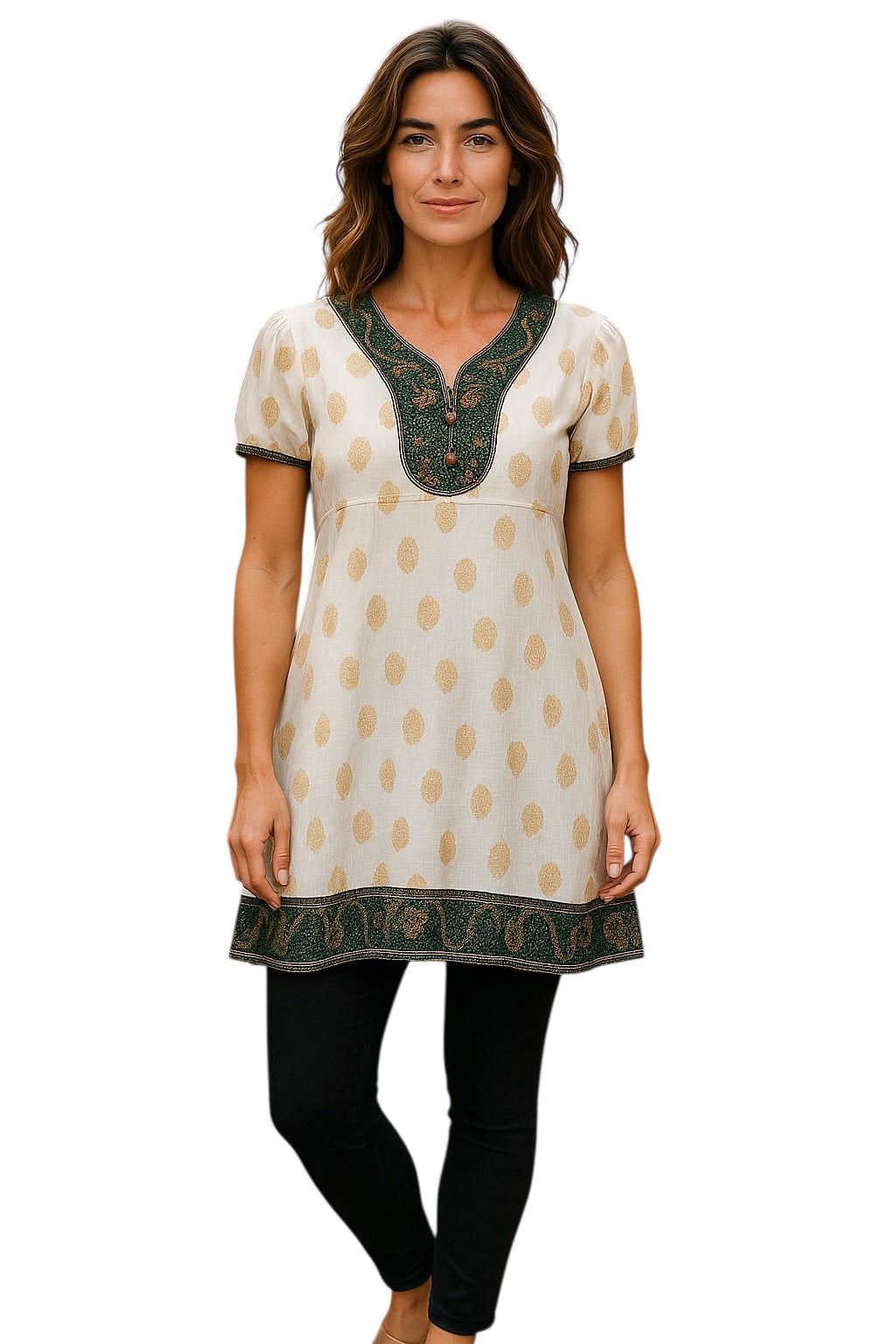 Women White with Golden Floral Design tunic with Green and gold trim, V-neck, Short Sleeves, Kurti, Kurta Tunic Top.