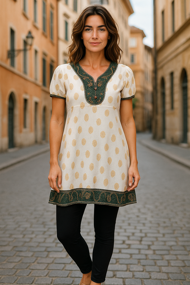 Women White with Golden Floral Design tunic with Green and gold trim, V-neck, Short Sleeves, Kurti, Kurta Tunic Top.