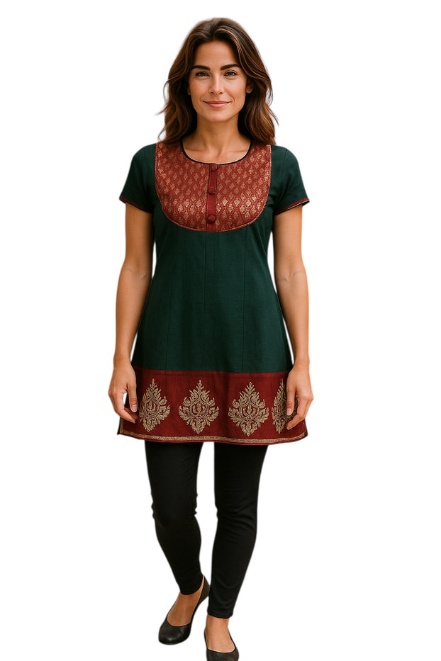 Women Dark Green Short Sleeves with Burgundy and Gold design Neckline and hem tunic Kurti, Kurta Tunic Top.