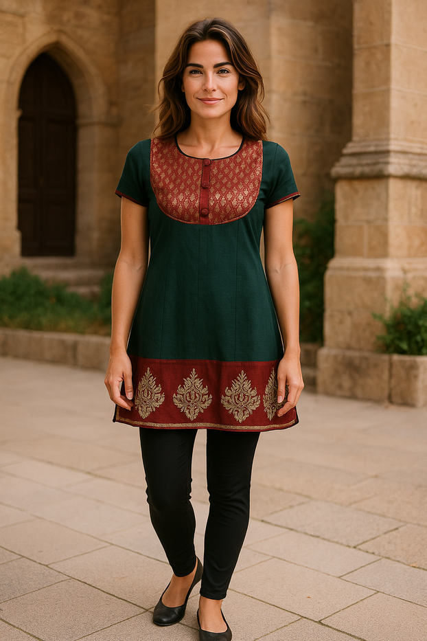 Women Dark Green Short Sleeves with Burgundy and Gold design Neckline and hem tunic Kurti, Kurta Tunic Top.