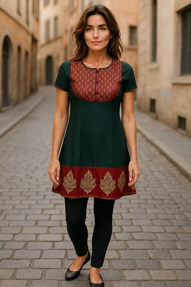 Women Dark Green Short Sleeves with Burgundy and Gold design Neckline and hem tunic Kurti, Kurta Tunic Top.