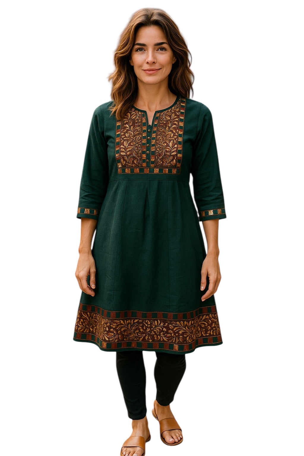 Women Dark Green 3/4 Sleeves with Green and Gold Floral design Neckline and hem with Flared tunic Kurti, Kurta Top.