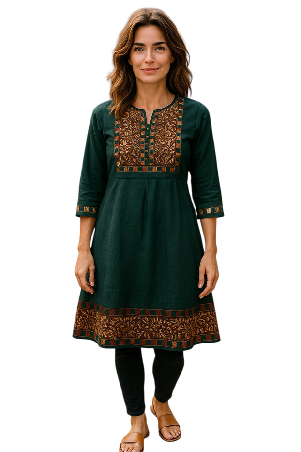 Women Dark Green 3/4 Sleeves with Green and Gold Floral design Neckline and hem with Flared tunic Kurti, Kurta Top.