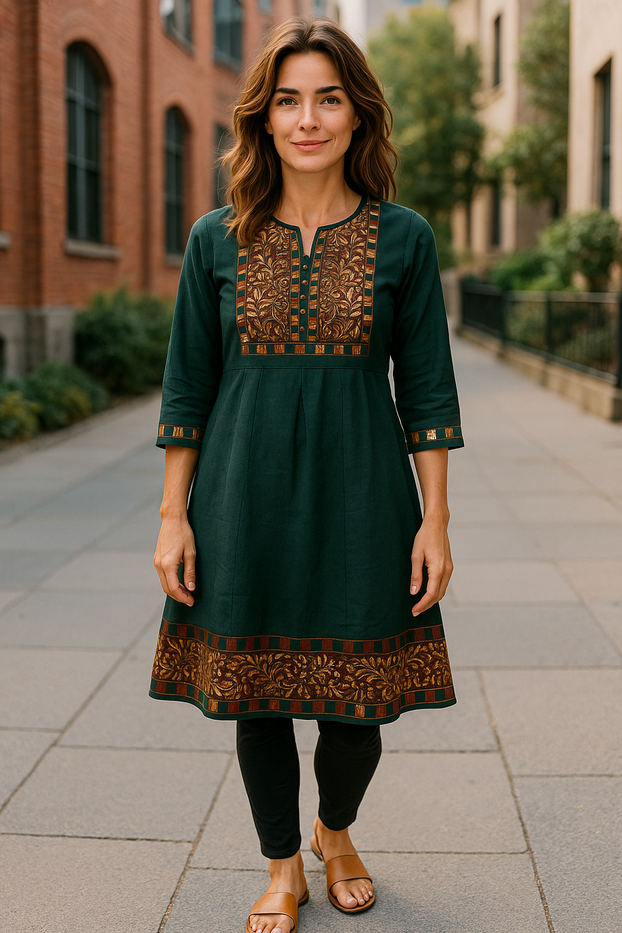 Women Dark Green 3/4 Sleeves with Green and Gold Floral design Neckline and hem with Flared tunic Kurti, Kurta Top.