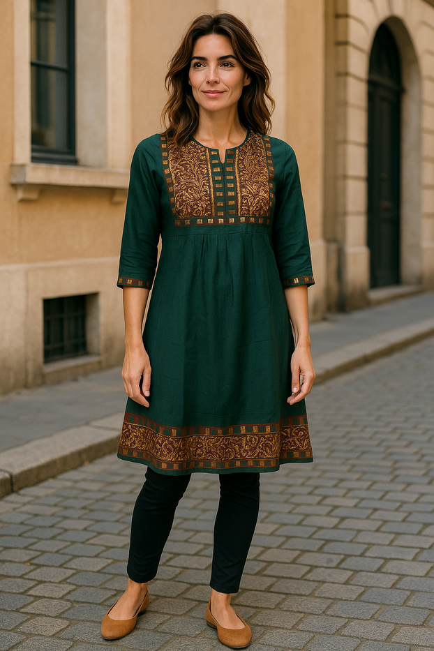 Women Dark Green 3/4 Sleeves with Green and Gold Floral design Neckline and hem with Flared tunic Kurti, Kurta Top.